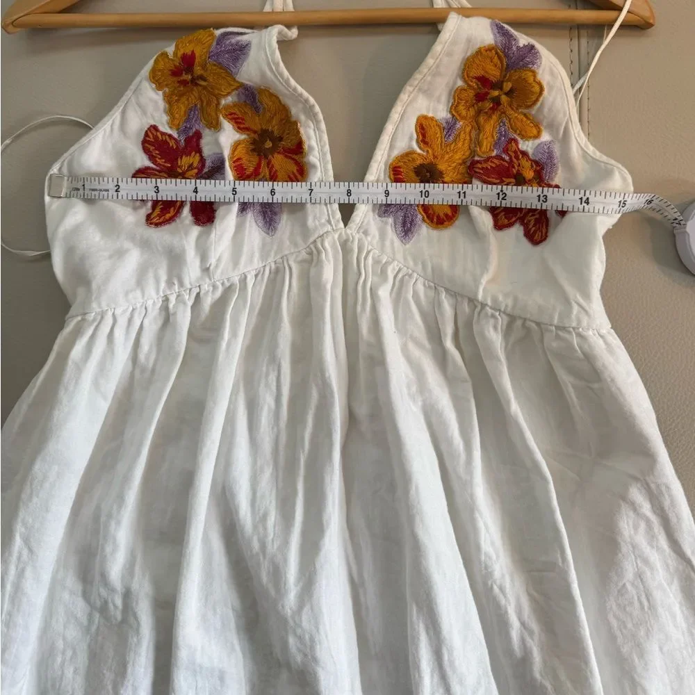 Free People White Mini Dress with Floral Embroidery Medium